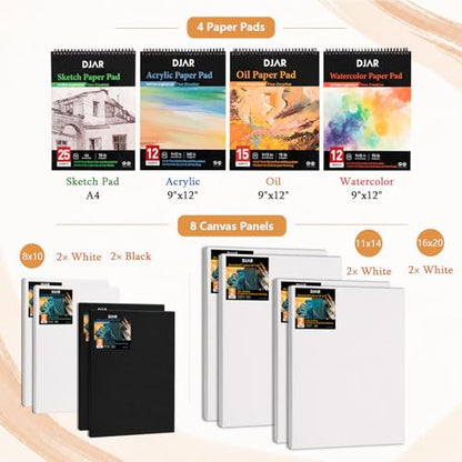 DJAR 169-Piece Wooden French Easel Art Painting Kit for Adults | Portable Plein Air Artist Supply Kit with 48 Acrylic, 24 Watercolor & 24 Oil Paints, Gift for Artists, Students & Beginners