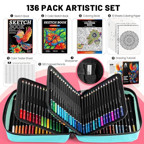 136 PCS Colored Pencils Set for Adult Coloring Books, 120 Colored Pencils | with Sketchbook, Coloring Book, Sharpener, Tutorial, Soft Core Sketching Drawing Pencils, Art Supplies for Adults Artists - color: Green