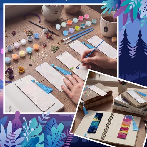 Kosiz 12 Pcs Night Landscape Paint by Number Kit for Adult Wood Bookmark | Mini Paint by Numbers Kit, Painting Decor, Tiny Mountain Tassels Blank Bookmarks, for Small DIY Craft Book Lovers Gift 7x2 '' - style: Night Landscape