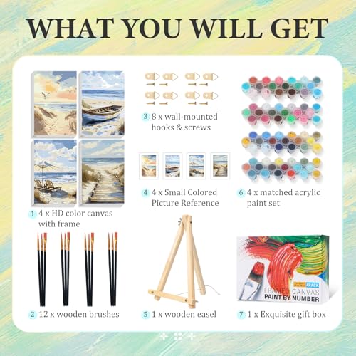 4 Pack Paint by Numbers Kit for Adults with Frame, Beach DIY Painting Kit - color: CYOP4P02