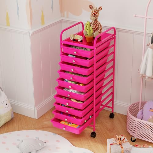 RELAX4LIFE 10 Drawer Rolling Cart - Slim Storage Cart w/Lockable Wheels for Classroom School Teacher Office, Art Supplies Paper Scrapbook Craft Organizers, Utility Cart with Drawers (Pink) - color: Pink, size: 34''H