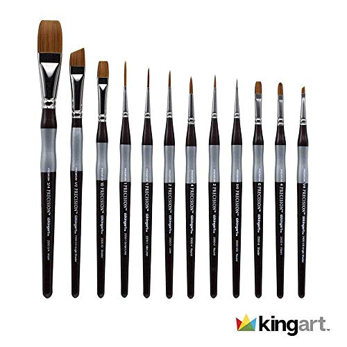 KINGART 1070B Premium 12 Pc. Precision Acrylic Artist Paint Brushes, Short Comfort Handle, Synthetic Taklon Hair for Acrylic, Oil, Watercolor and Gouache Paints, Set of 12