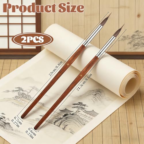 2 Pcs Extended Needle Point Watercolor Brushes, 8.6 & 8.8 Inch Synthetic Extra Long Pinhead Liner Brush, Fine Tip Paintbrush for Watercolor Acrylic Gouache Ink Painting (Wood Color)