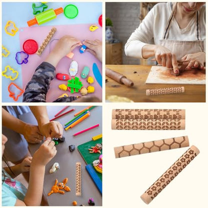 CREATCABIN 4 Pcs Wooden Clay Texture Rollers Clay Modeling Pattern Rollers Kit Pottery Stamp Roller Tools Paw Hexagon Leave Flower Rolling Pin Handmade Craft Art for Ceramics Painting DIY 3.94 Inch