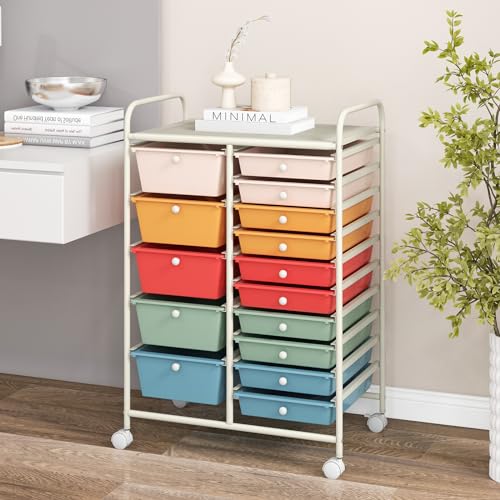 COSTWAY 15 Drawer Rolling Storage Cart, Mobile Storage Organizer | Removable Drawers & Metal Frame, Multipurpose Utility Tools Paper Organizer on Wheels for Home, Office (Macaron) - color: Macaron, size: 15 Drawer