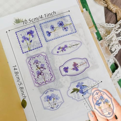 Bomichi 120 Pcs Flowers Stamp Stickers, Vintage Aesthetic Scrapbook Supplies for Junk Journal Bullet Therapy Planner Laptops Card Making Supplies - style: Transparent Flower Stamps
