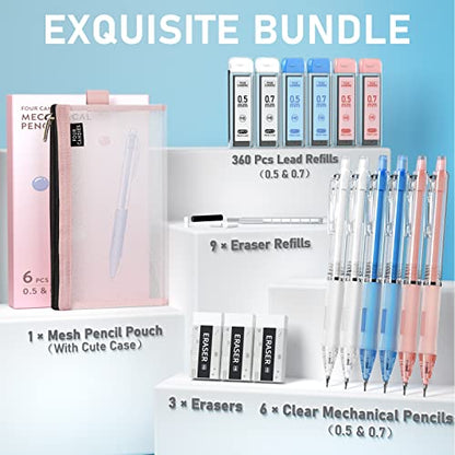 Four Candies Mechanical Pencil Set with Cute Pencil Case + Mechanical Pencil Set Silver