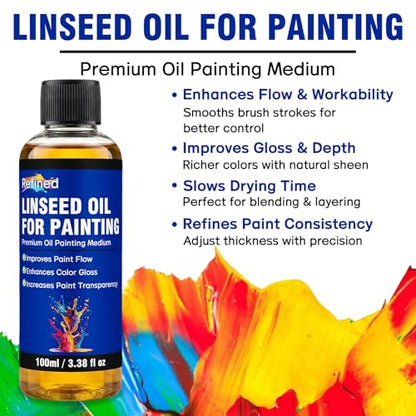 Linseed Oil for Painting 100ml, Refined Linseed Oil, Oil Paint Medium and Thinner for Artists, Improves Flow and Blending, Ideal for Glazing, Enhances Transparency and Gloss Finish - size: 3.38 Fl Oz (Pack of 1)