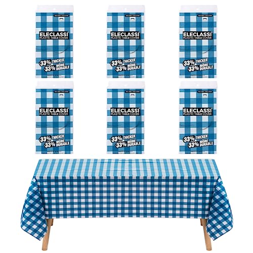 Eleclassi Blue Gingham Checkered 6 Pack Premium Disposable Plastic Tablecloth 54 x 108 in - Plastic Table Cloth Disposable Tablecloth for Rectangle Table Up to 8 Feet - color: Blue Gingham Checkered