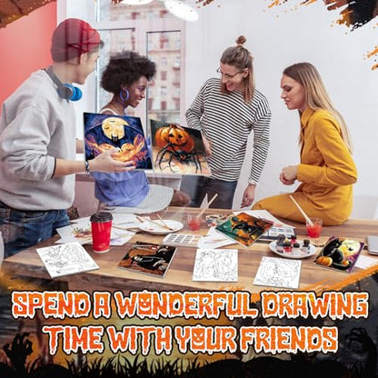Teling 12 Pcs Halloween Pre Drawn Stretched Canvas Kit for Adults Painting Pre Printed Canvas Outline for DIY Painting Party Favor, 6 x 6 x 0.6 Inches - style: Halloween