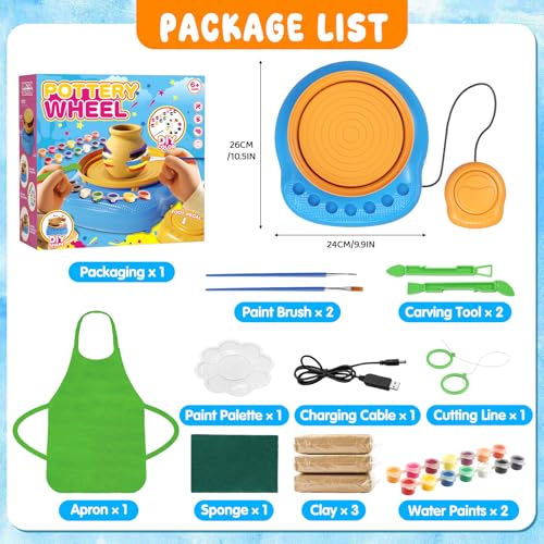 Weilim Pottery Wheel for Kids Beginners, Air-Dry Clay & Paint Kit Ages 6-12 | 3 Clay Packs, 14 Paint Colors, Sculpting Tools, Brushes, Palette,Apron; Gentle Beginner Spin, USB Rechargeable, No Oven - color: Blue