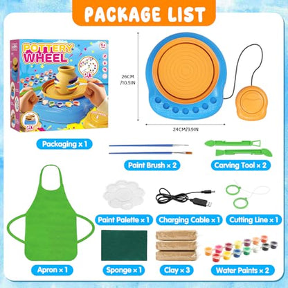 Weilim Pottery Wheel for Kids Beginners, Air-Dry Clay & Paint Kit Ages 6-12 | 3 Clay Packs, 14 Paint Colors, Sculpting Tools, Brushes, Palette,Apron; Gentle Beginner Spin, USB Rechargeable, No Oven - color: Blue