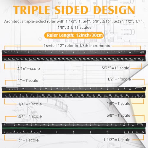 Macarrie 10 Pcs Architectural Scale Ruler 12" Architect Engineers Scale Triangular Ruler Set Aluminum Metal Rulers with Imperial Measurements for Architect School Student Draftsman Engineer (3 Colors) - color: 3 Colors