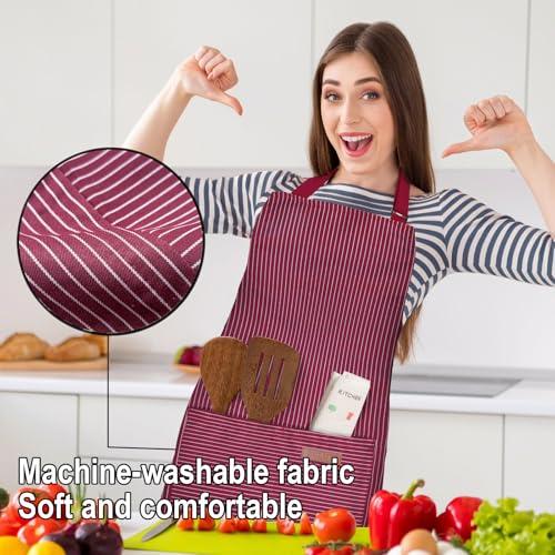 BeLuyi Adjustable Bib Apron with 2 Pockets Chef Cooking Kitchen Restaurant Aprons for Women Men - color: Wine Pinstripes