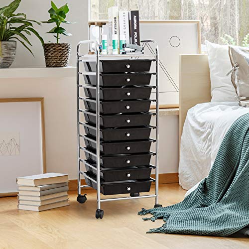 Happygrill 10-Drawer Storage Cart, Utility Cart with Removable Drawers & Metal Frame, Rolling Storage Cart with Lockable Wheels for Home, Office, Black - color: Black