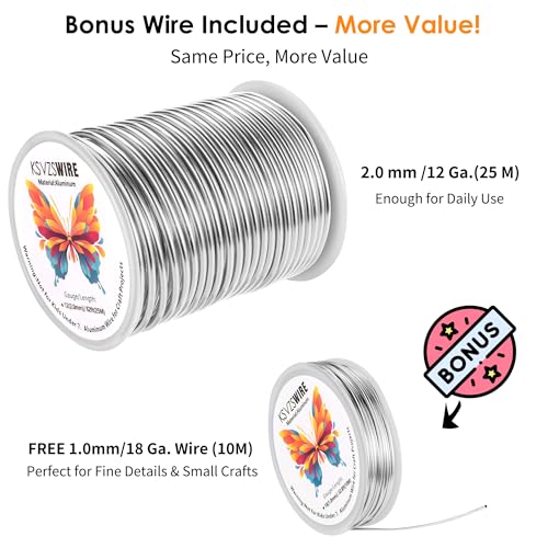 Aluminum Craft Wire 12 Gauge(2.0 mm)–82 FT(25 M)+18 Gauge (1.0 mm) 32.8FT (10 M) KSVZS Anodized Aluminum Wire,Flexible Metal Wire for Crafts,Sculpting,Jewelry Making,Armature and DIY Crafts(Silver) - size: 12 Gauge