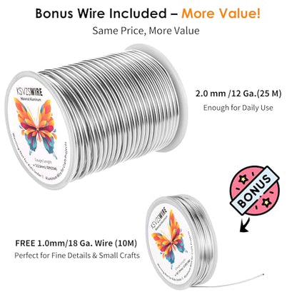 Aluminum Craft Wire 12 Gauge(2.0 mm)–82 FT(25 M)+18 Gauge (1.0 mm) 32.8FT (10 M) KSVZS Anodized Aluminum Wire,Flexible Metal Wire for Crafts,Sculpting,Jewelry Making,Armature and DIY Crafts(Silver) - size: 12 Gauge