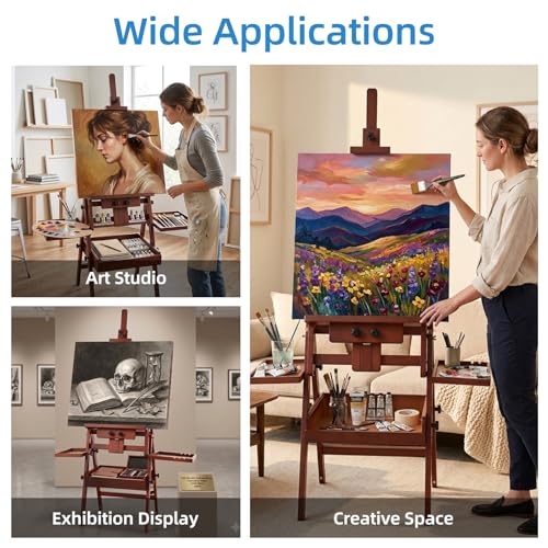Large Horizontal Wooden Painting Easel, Holds up to 50'' | H-Frame Studio Easel Stand with Storage Drawer and Palettes, Suitable for Adults, Beginners, and Artists, Walnut - style: Walnut