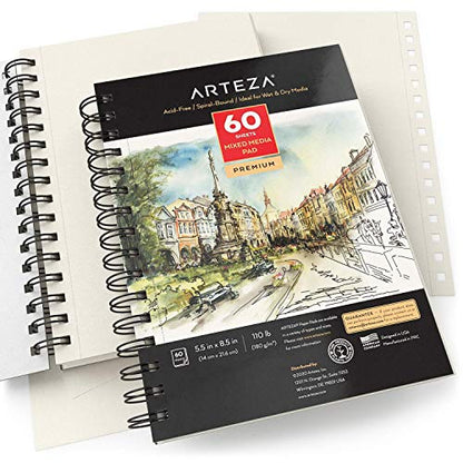 ARTEZA Mixed Media Sketchbook, 5.5 x 8.5 Inches, Pack of 1, 60 Sheets, Micro-Perforated Spiral-Bound Paper Pad for Wet and Dry Media - size: 5.5"x8.5" (Pack of 1)
