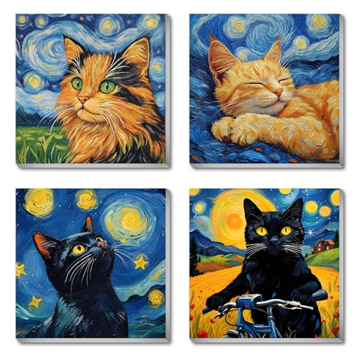Canrichshop 4 Packs Black Cat Paint by Number Kit for Beginner with Frame,Paint by Numbers Kits on Canvas, DIY Number Painting for Adults for Decor 8X 8 inch - color: BKH2300+BKH2301+BKH2302+BKH2303