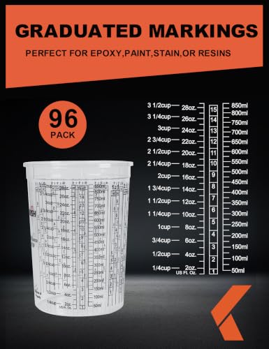 KREFINISH 32 OZ Paint Mixing Cups Graduated Disposable Clear Plastic Epoxy Measuring Cups (Box of 96 Cups & 12 Lids) Use for Automotive Painting, Resin, Acrylic, Arts, Pigments - Mixing Ratios - size: 32 Ounce