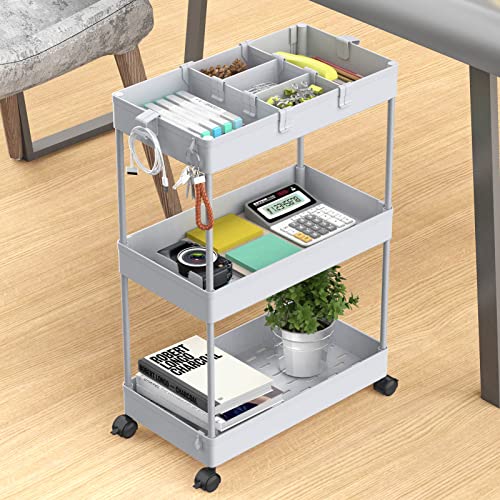 SPACELEAD 3 Tier Rolling Cart with Wheels, Storage Craft Art Trolley Organizer Serving, 3 Hanging Baskets Easy Assembly, for Office, Living Room, Kitchen, Gray - color: Gray