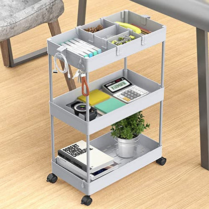 SPACELEAD 3 Tier Rolling Cart with Wheels, Storage Craft Art Trolley Organizer Serving, 3 Hanging Baskets Easy Assembly, for Office, Living Room, Kitchen, Gray - color: Gray