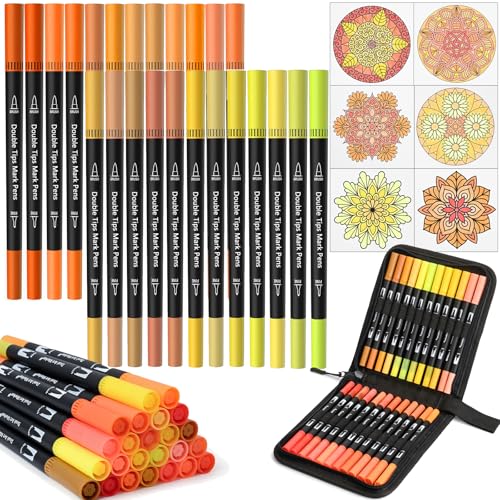 Orange&Yellow Dual Tip Brush Pen,Colored Fine & Brush Calligraphy Pens, Dual Tip Yellow Markers for Adult Coloring Books Drawing Planner Calendar Art Sketch Outlining Sketching Calligraphy - color: Orange