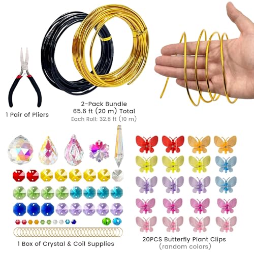 SNAIL GARDEN 9 Gauge/3mm Aluminum Craft Wire Kit with Crystal Suncatchers, Butterfly Plant Clips & Pliers，65.6 ft (20 m) Aluminum Wire for Crafts DIY Plant Trellis, Jewelry Making (Gold&Black)