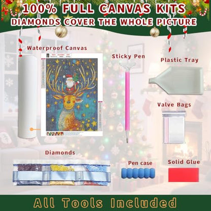Ohhvvow Magic Christmas Diamond Painting Kit - Santa Standing on Reindeer Head with Gifts, Glittering Stars Sky, 5D Full Drill Round Diamonds & Tools, Holiday DIY Craft Gift for Women Men - color: Santa Claus with deer A
