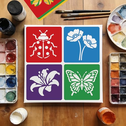 CUTHOLLOW Animals Fruit Plant Stencils, 24PCS 8-Inch Reusable Plastic | 24PCS 8-Inch Animals, Fruit & Plant Shapes, Reusable Washable Plastic, Painting, Crafts, Wall Art & Sidewalk Chalk - style: 25pcs-Flowers and Insects Patterns