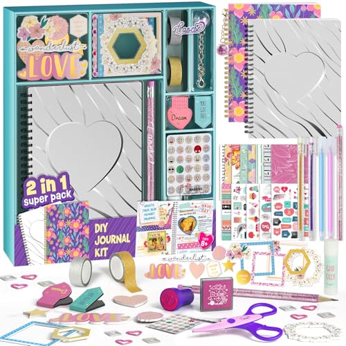 DIY Journal Kit for Girls Ages 8+, Stationery Set for Teen Tween Girl Gift | 2 Notebooks & 150+PCS, Arts and Crafts Kit, Scrapbook & diary kit, Birthday gifts for girls ages 8-14, Teen girl trendy stuff