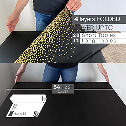 Neatiffy Disposable Plastic Table Cloth Roll with Slide Cutter | Waterproof Cover for Rectangle, Square, Oval Tables | Picnic, Party, Banquet, Birthdays, Weddings - Black with Gold Dots - color: Black Golden Dot, size: 54 inches X 100 feet