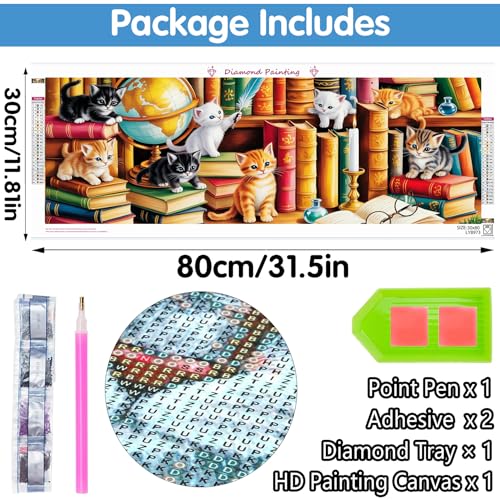 Reofrey Large Diamond Art Kits for Adults Cat on a Bookshelf, 12x31.5 inch Full Drill Round Rhinestone Big Diamond Painting Kit, DIY Cross Stitch Embroidery Canvas for Crafts Home Wall Decor - color: Cat on a Bookshelf