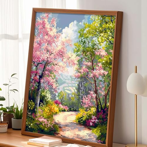 Alptiny Spring Landscape Paint by Numbers Kit for Adults Beginner, Floral Pathway Paint by Number Kits, DIY Flower Oil Painting Kit for Relaxation & Home Decor, 16x20 Inch - color: Floral Pathway