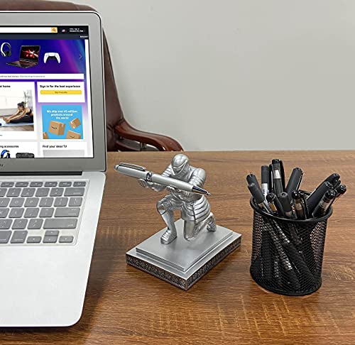 Executive Knight Pen Holder with A Cool Pen, Home Office Desk Organizers Decor Resin Pen Holder, Christmas Gift Idea for Dad, Uncle, Man, Boyfriend, Friends Silver - color: Silver