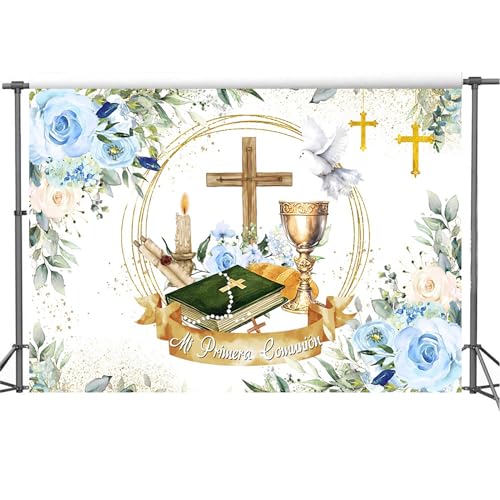 Yeele 9x6ft Mi Primera Comunion Backdrop Gold Chalice Holy Bible Wood Cross First Holy Communion Photography Background Baby Baptism Christening Decoration Banner Photo Props - size: 9x6ft