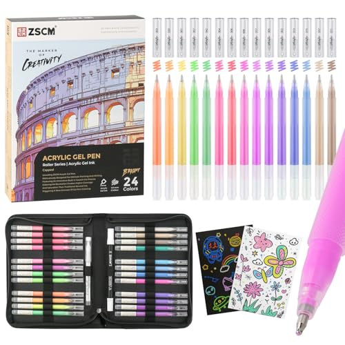 ZSCM 24 Colors 3D Acrylic Gel Pens & Black Paper Sketchbook for Drawing | 1mm Fine Point Acrylic Ink Pen, Opaque Archival Dull Ink Pens for Black Paper Drawing, Sketching, Illustration, Card Making