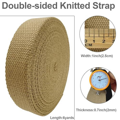 Heavy‑Duty Cotton Webbing Strap 1''x6yds Khaki for Bags | 2mm thick webbing for dog collars, backpack, bag handles, apron straps, slings, sewing repairs & DIY craft projects. - color: Khaki
