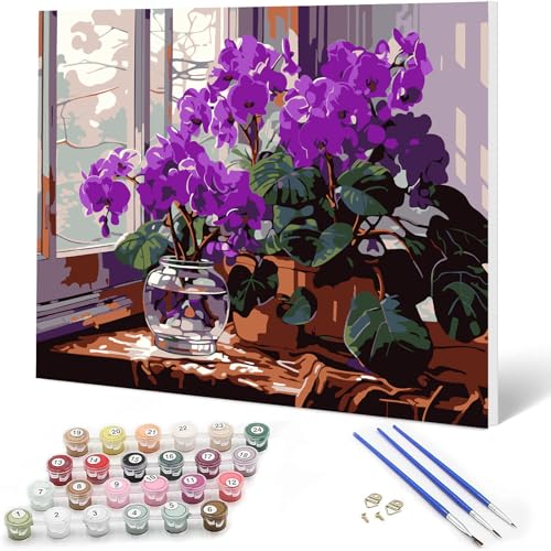 Auremi Purple Flower Paint by Number Kits with Framed, DIY Flower Paint by Number Canvas for Adults, Easy Acrylic in Canvas with Brushes for Decor 20x30cm - color: Paint by number 010