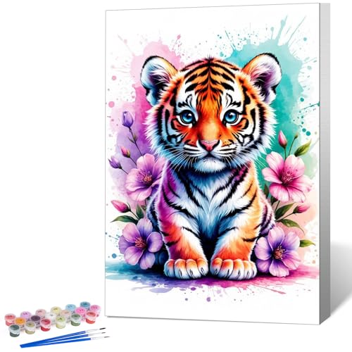 Framed Paint by Numbers Kit for Adults, Tiger & Flower Decor 8x12 Inch | Paint by Number with Frame, DIY Acrylic Painting Kit for Relaxation, Easy for Beginners, Wall Decor Gift for Animal Lovers - color: OPFUS2512-04