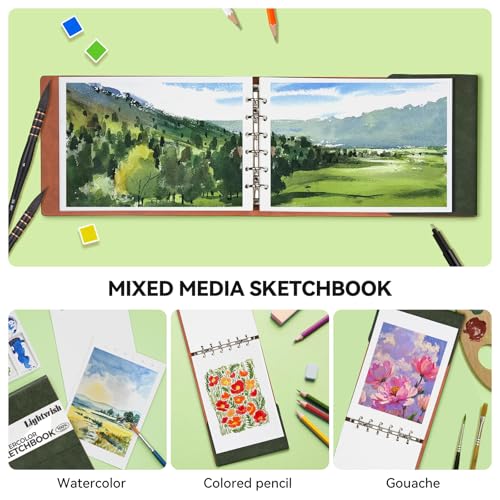 Lightwish Watercolor Sketchbook,100% Cotton 300gsm/140lb Watercolor Journal, Acid Free Hot Press Watercolor Paper for Artists,Adults,Students,20 Sheets,Paper 5.8 * 8.2 Inches - color: Green