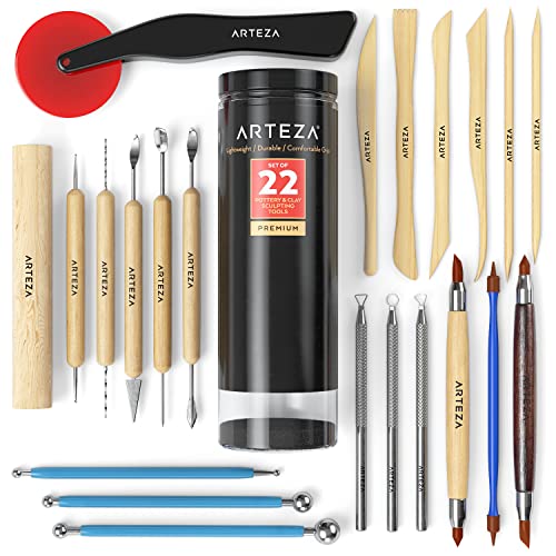 ARTEZA Pottery & Polymer Clay Tools, 22-Piece Sculpting Set, Steel Tip Tools with Wooden Handles, Craft Kit for Modeling, Carving - size: Set of 22