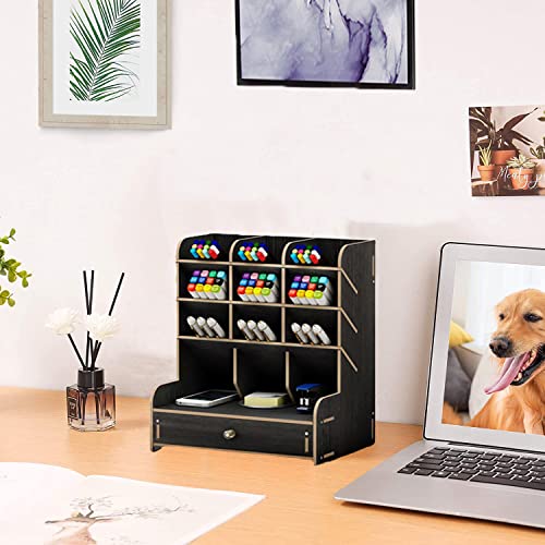 Marbrasse Wooden Desk Organizer, Multi-Functional DIY Pen Holder, Organizer for desk, Desktop Stationary, Easy Assembly, Home Office Art Supplies Storage with Drawer (B11-Black) - color: B11-Black