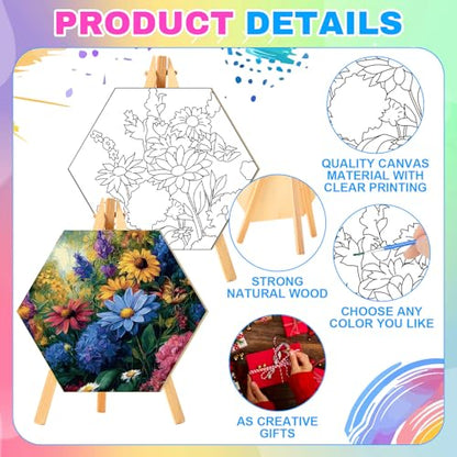 Watersay 12 Set Kids Pre Drawn Canvas for Painting Kit 12 Pcs 6" x 6" Floral Printed Pre Drawn Canvas, Easels, Palette, Paint Pot, 24 Brushes Kid Paint Party Favor for DIY Classroom Craft Activities - style: Floral