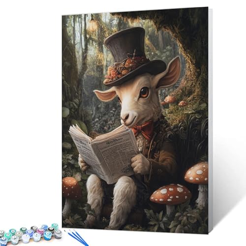 Sheep Paint by Numbers for Adults Beginner Sheep Reading Newspapers Oil Painting Kits on Canvas with Brushes and Acrylic Mushrooms Painting Crafts DIY Home Wall Decor 16X20 Inch (Frameless) - color: Hat Animal-09, size: 16''x20''(Frameless)