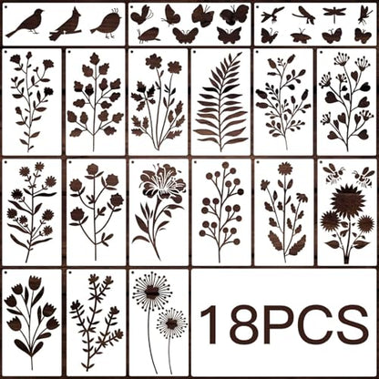 18Pcs Flower Stencils for Painting - Reusable Wildflower Stencils with Birds, Butterflies & Wildflowers - DIY Craft Templates for Walls, Wood, Canvas - style: Flowers