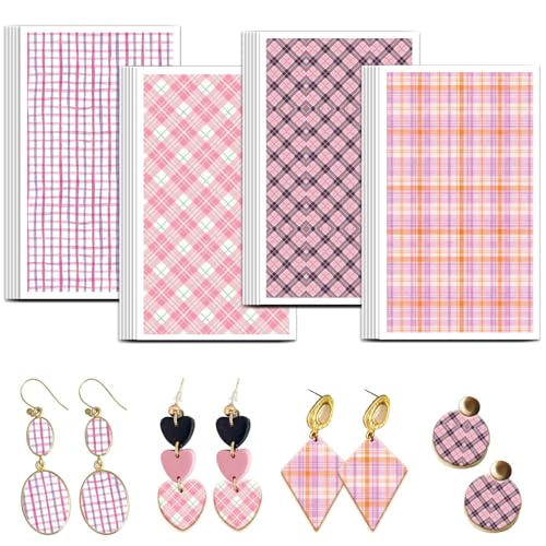 OLYCRAFT 24Pcs Pink Plaid Clay Transfer Paper 4 Styles Transfers Paper for Polymer Geometric Plaid Polymer Clay Transfer Sheets Small Ceramic Decal for Clays Earrings Jewelry Making - style: Pink plaid
