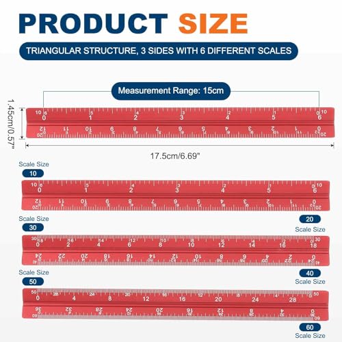HARFINGTON 2 Pcs Architectural Scale Ruler, 7 Inch Standard Aluminum Alloy Architect Triangular Large Scale Laser-Etched Blueprint Drafting Ruler for Architects Engineers, Red - color: Red, size: 7 Inch