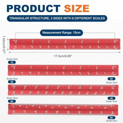 HARFINGTON 2 Pcs Architectural Scale Ruler, 7 Inch Standard Aluminum Alloy Architect Triangular Large Scale Laser-Etched Blueprint Drafting Ruler for Architects Engineers, Red - color: Red, size: 7 Inch